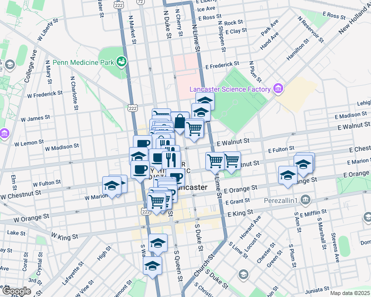 map of restaurants, bars, coffee shops, grocery stores, and more near 38 East Walnut Street in Lancaster