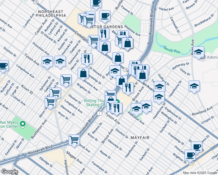 map of restaurants, bars, coffee shops, grocery stores, and more near 2257 Friendship Street in Philadelphia