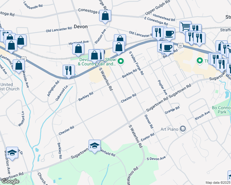 map of restaurants, bars, coffee shops, grocery stores, and more near 220 South Waterloo Road in Devon