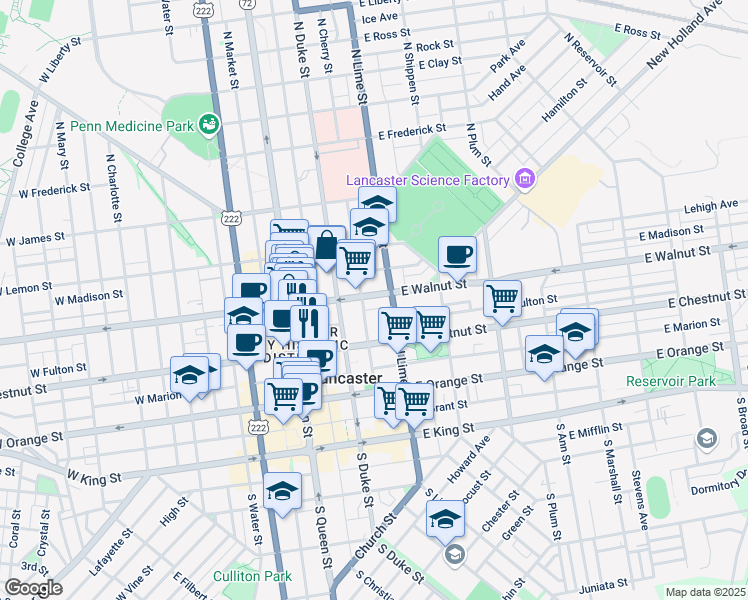 map of restaurants, bars, coffee shops, grocery stores, and more near 140 East Walnut Street in Lancaster