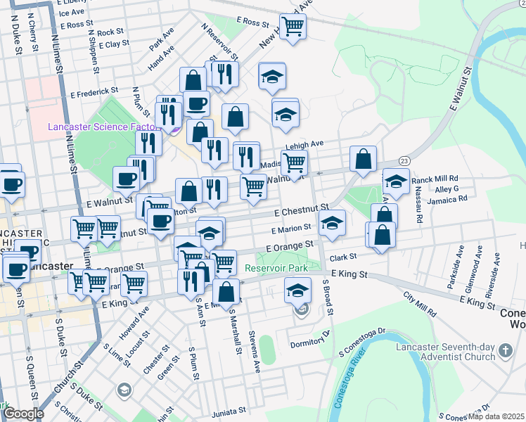 map of restaurants, bars, coffee shops, grocery stores, and more near 721-1/2 East Chestnut Street in Lancaster