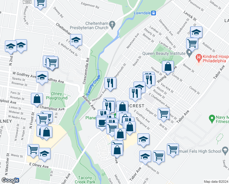 map of restaurants, bars, coffee shops, grocery stores, and more near 139 East Godfrey Avenue in Philadelphia