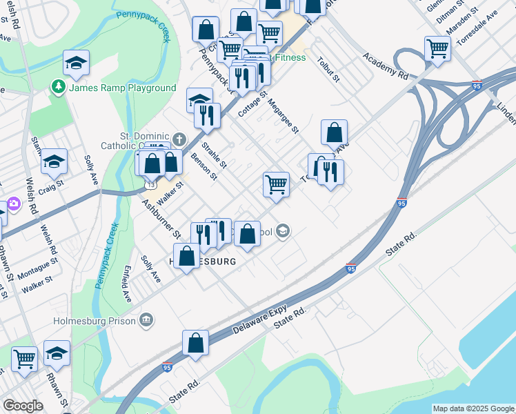 map of restaurants, bars, coffee shops, grocery stores, and more near 4640 Strahle Street in Philadelphia