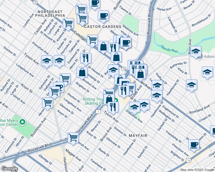 map of restaurants, bars, coffee shops, grocery stores, and more near 2257 Friendship Street in Philadelphia
