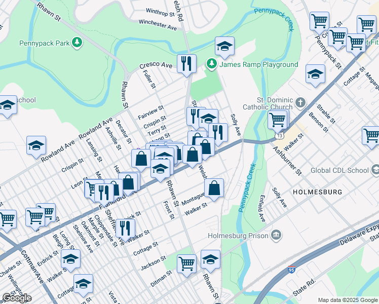 map of restaurants, bars, coffee shops, grocery stores, and more near 3606 Welsh Road in Philadelphia