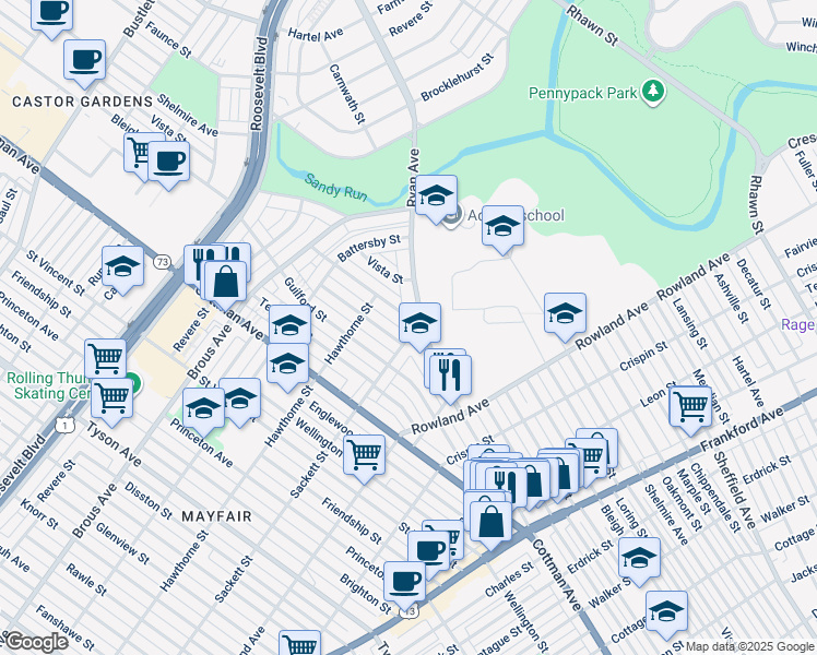 map of restaurants, bars, coffee shops, grocery stores, and more near 3136 Nesper Street in Philadelphia