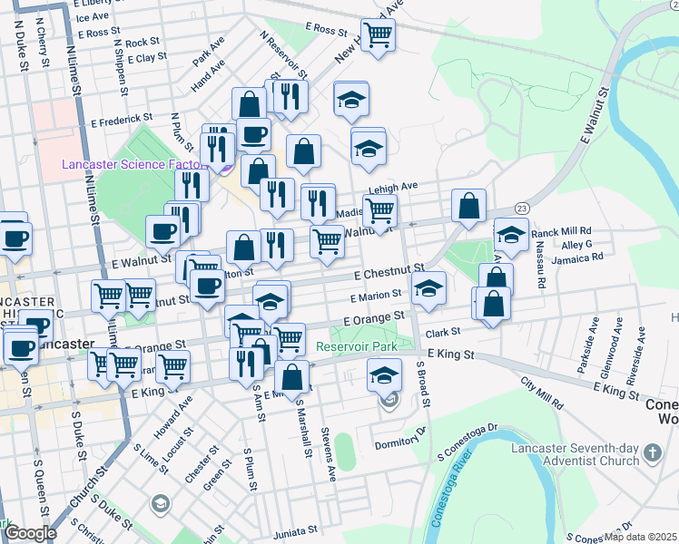 map of restaurants, bars, coffee shops, grocery stores, and more near 721-1/2 East Chestnut Street in Lancaster