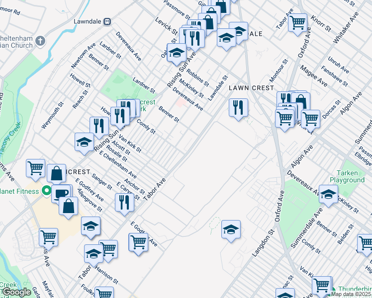 map of restaurants, bars, coffee shops, grocery stores, and more near 6000 Tabor Avenue in Philadelphia