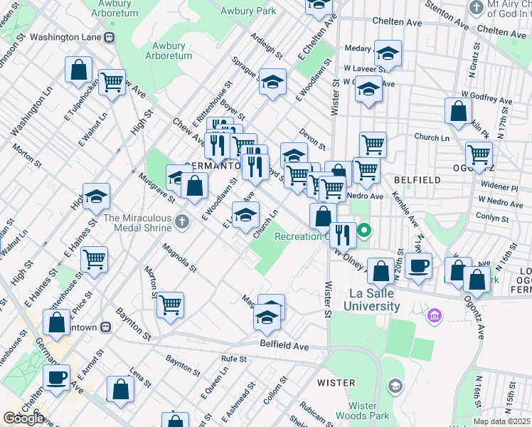 map of restaurants, bars, coffee shops, grocery stores, and more near 705 Church Lane in Philadelphia