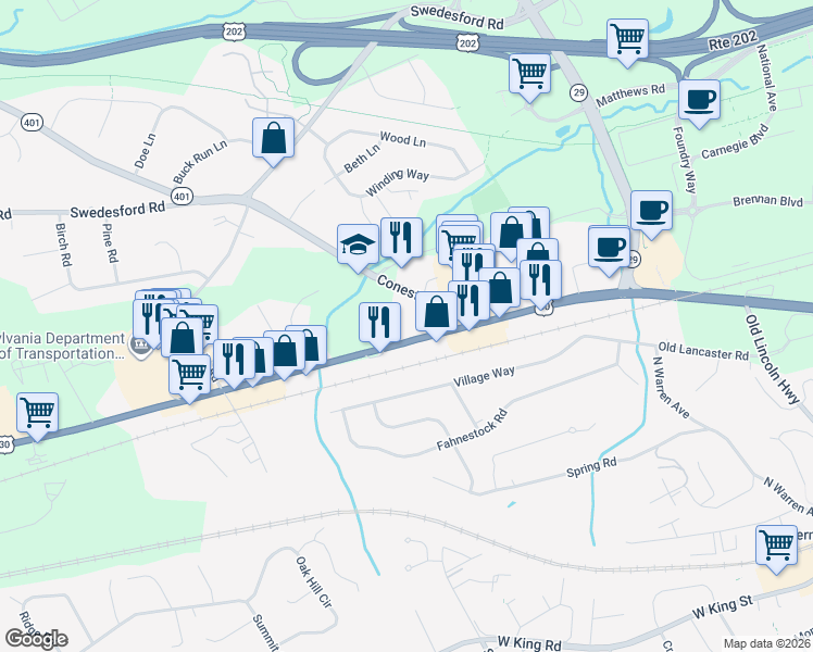 map of restaurants, bars, coffee shops, grocery stores, and more near 155 Lancaster Avenue in Malvern