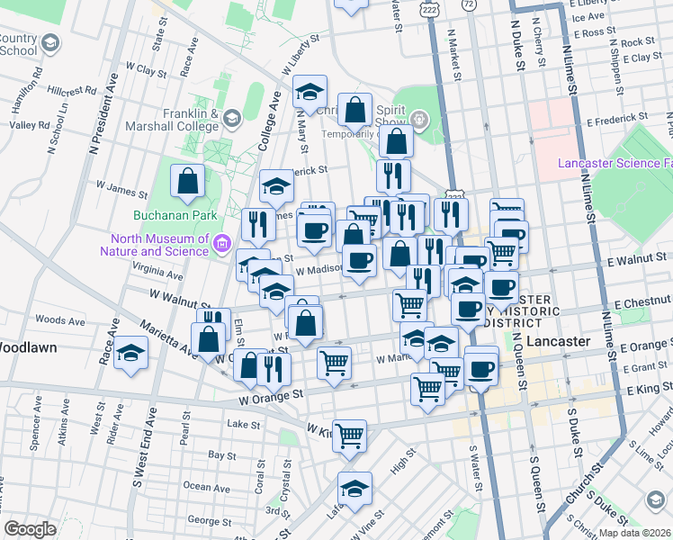 map of restaurants, bars, coffee shops, grocery stores, and more near 319 North Mary Street in Lancaster