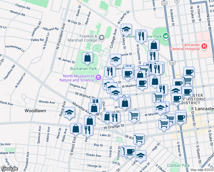 map of restaurants, bars, coffee shops, grocery stores, and more near 622 West Lemon Street in Lancaster