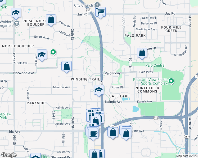 map of restaurants, bars, coffee shops, grocery stores, and more near 3755 Birchwood Drive in Boulder