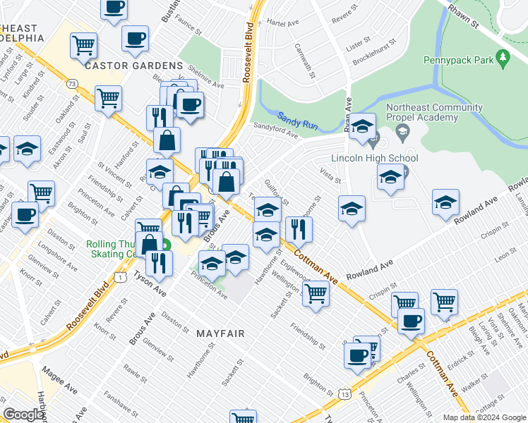 map of restaurants, bars, coffee shops, grocery stores, and more near 2936 Teesdale St in Philadelphia