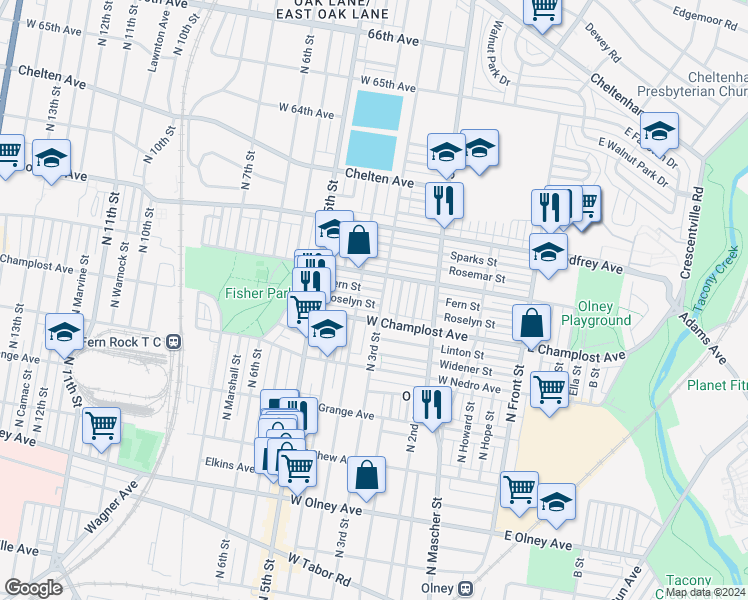 map of restaurants, bars, coffee shops, grocery stores, and more near 309 Roselyn Street in Philadelphia