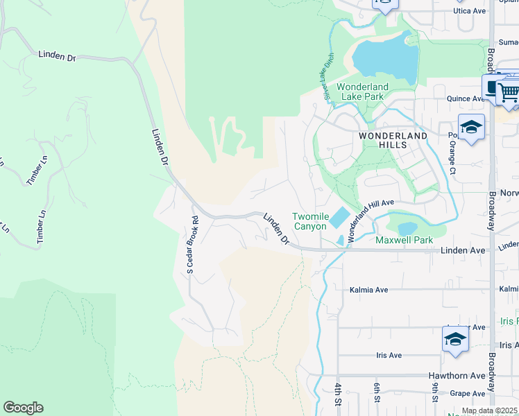 map of restaurants, bars, coffee shops, grocery stores, and more near 225 Linden Drive in Boulder