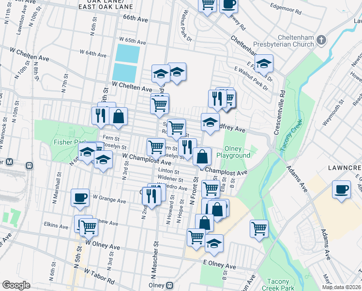 map of restaurants, bars, coffee shops, grocery stores, and more near 128 Fern Street in Philadelphia