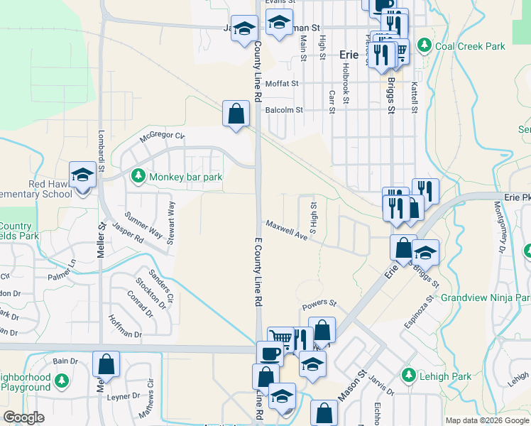map of restaurants, bars, coffee shops, grocery stores, and more near in Erie