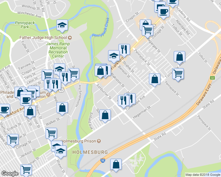 map of restaurants, bars, coffee shops, grocery stores, and more near 8428 Jackson Street in Philadelphia