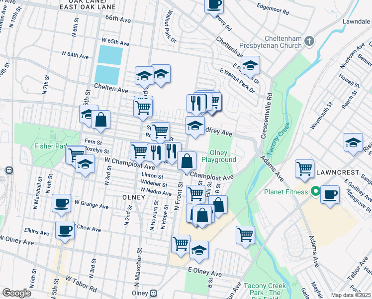 map of restaurants, bars, coffee shops, grocery stores, and more near 6101 North Front Street in Philadelphia