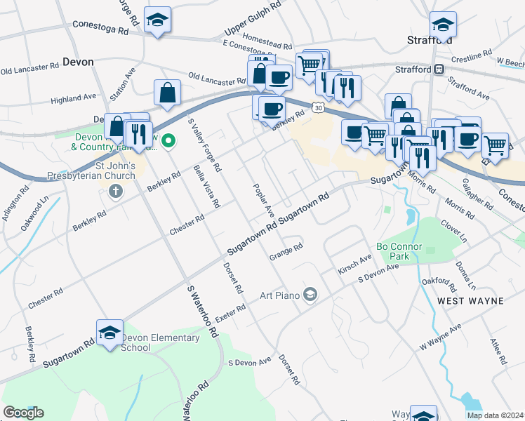 map of restaurants, bars, coffee shops, grocery stores, and more near 315 South Valley Forge Road in Devon