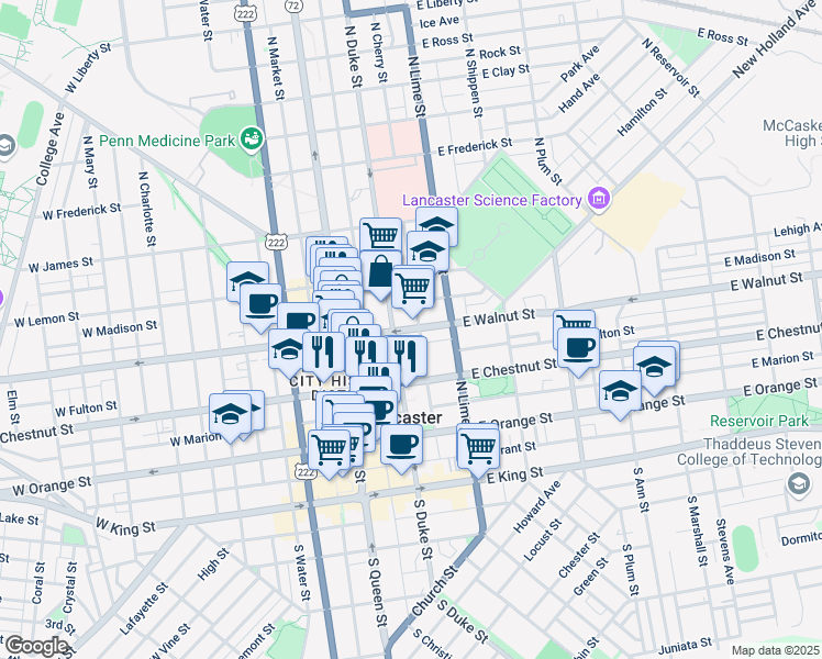 map of restaurants, bars, coffee shops, grocery stores, and more near 108 East Walnut Street in Lancaster