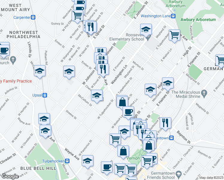 map of restaurants, bars, coffee shops, grocery stores, and more near 6229 Germantown Avenue in Philadelphia