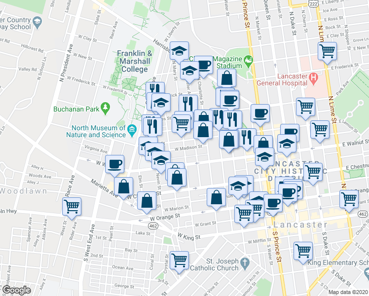 map of restaurants, bars, coffee shops, grocery stores, and more near 498 West Madison Street in Lancaster