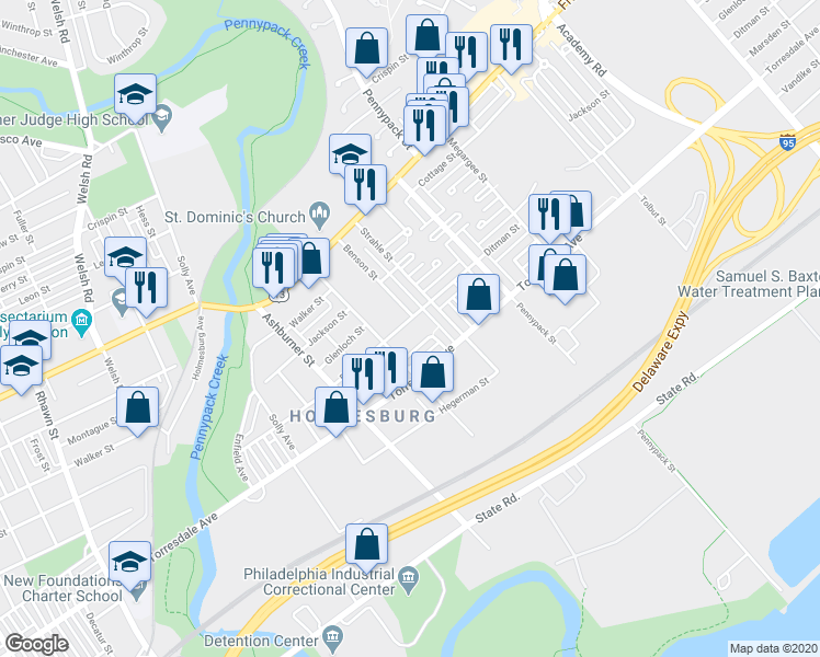 map of restaurants, bars, coffee shops, grocery stores, and more near 8523 Ditman Street in Philadelphia