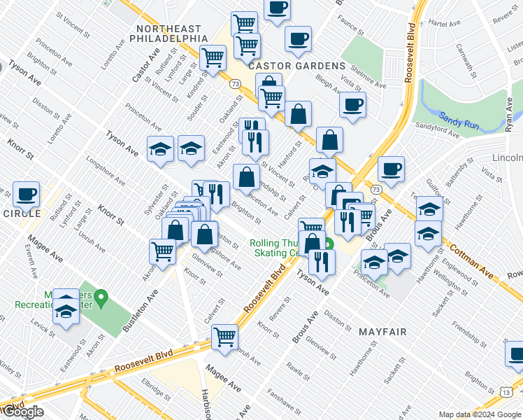 map of restaurants, bars, coffee shops, grocery stores, and more near 2162 Princeton Avenue in Philadelphia