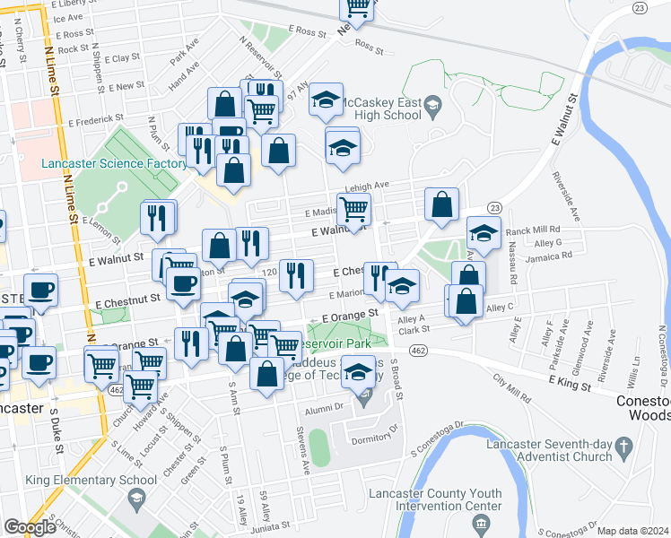 map of restaurants, bars, coffee shops, grocery stores, and more near 753 East Chestnut Street in Lancaster