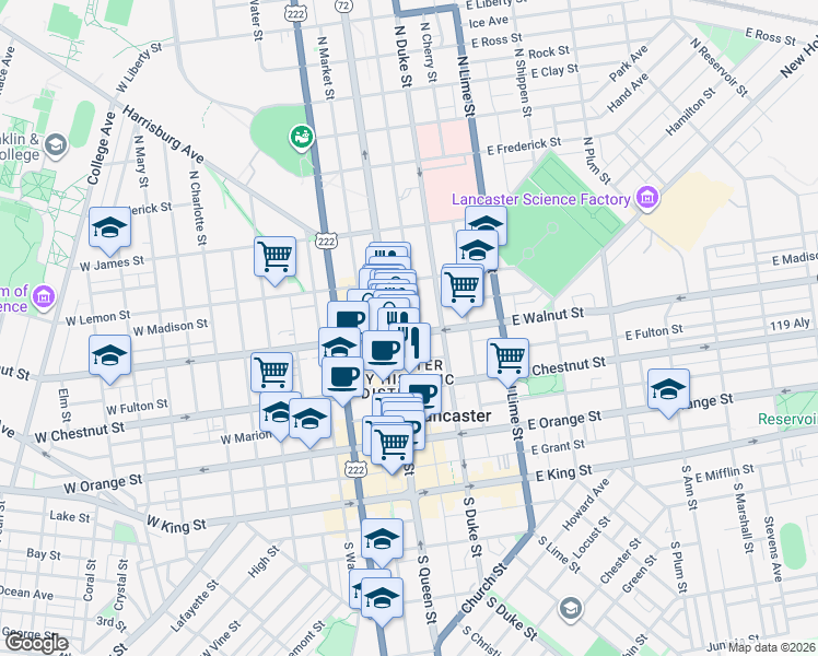 map of restaurants, bars, coffee shops, grocery stores, and more near 217 North Queen Street in Lancaster