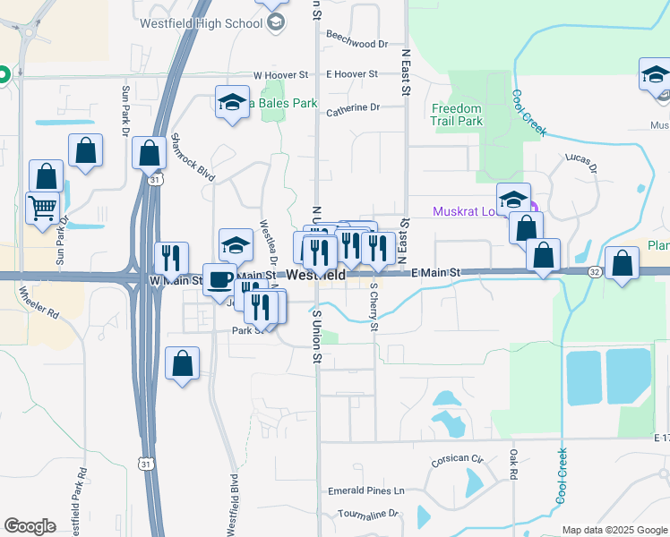 map of restaurants, bars, coffee shops, grocery stores, and more near 130 East Main Street in Westfield