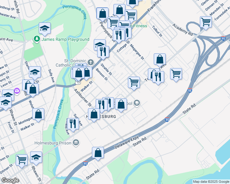 map of restaurants, bars, coffee shops, grocery stores, and more near 8523 Ditman Street in Philadelphia