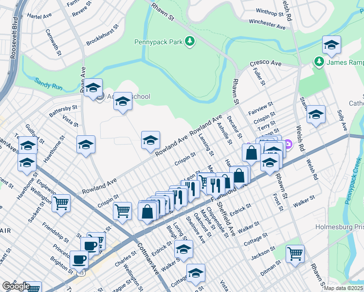 map of restaurants, bars, coffee shops, grocery stores, and more near 3310 Sheffield Avenue in Philadelphia