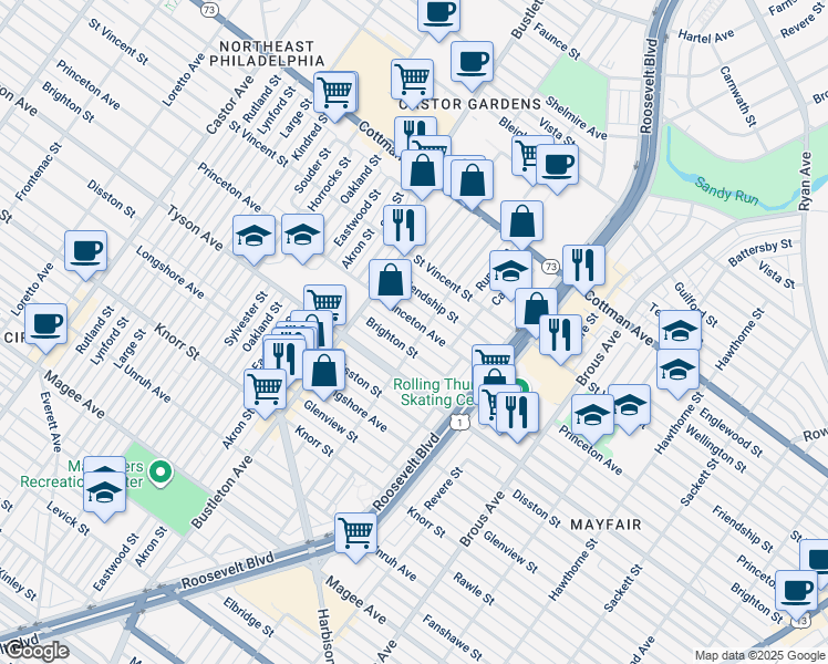 map of restaurants, bars, coffee shops, grocery stores, and more near 2162 Princeton Avenue in Philadelphia