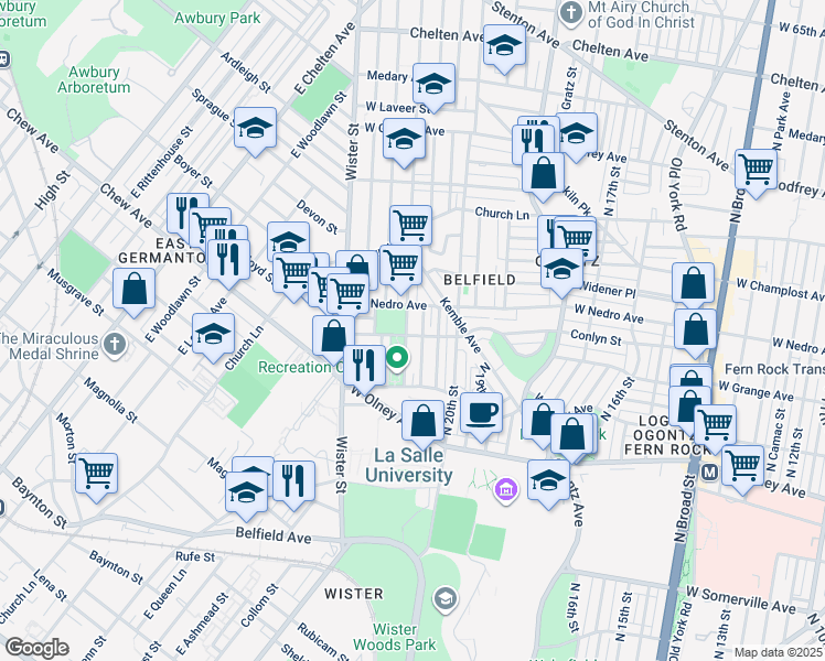 map of restaurants, bars, coffee shops, grocery stores, and more near 2045 Conlyn Street in Philadelphia