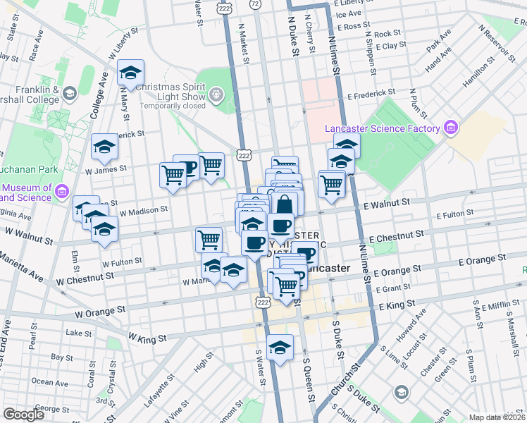 map of restaurants, bars, coffee shops, grocery stores, and more near 315 North Prince Street in Lancaster