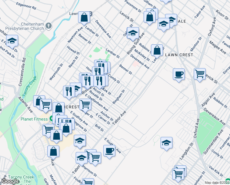 map of restaurants, bars, coffee shops, grocery stores, and more near 5918 Elsinore Street in Philadelphia