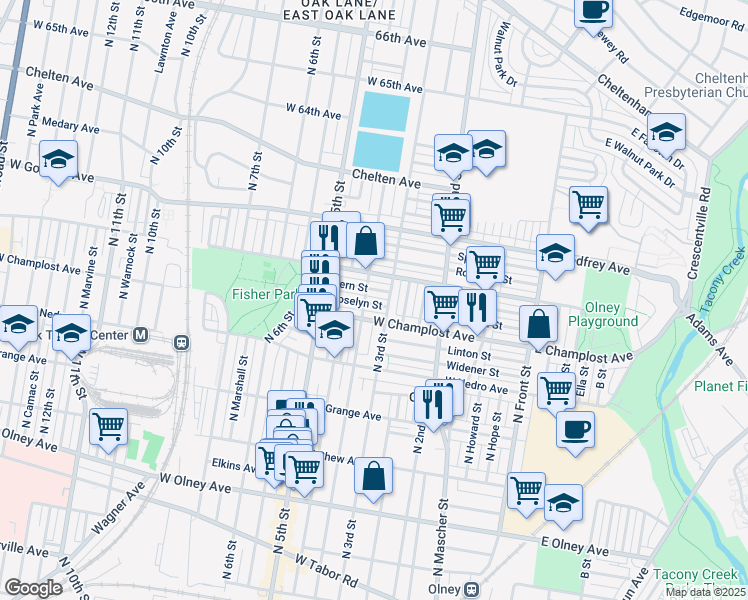 map of restaurants, bars, coffee shops, grocery stores, and more near 319 Roselyn Street in Philadelphia