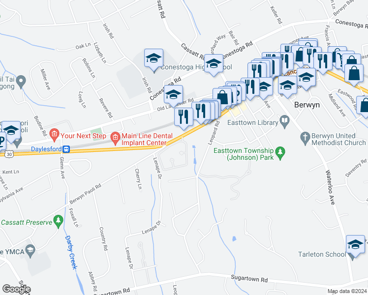 map of restaurants, bars, coffee shops, grocery stores, and more near 10 Manchester Court in Berwyn