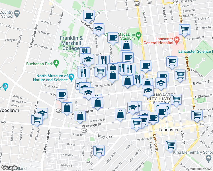 map of restaurants, bars, coffee shops, grocery stores, and more near 340 Lancaster Avenue in Lancaster