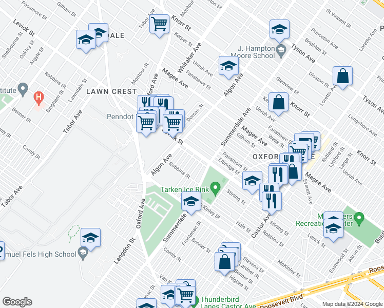 map of restaurants, bars, coffee shops, grocery stores, and more near 1024 Levick Street in Philadelphia