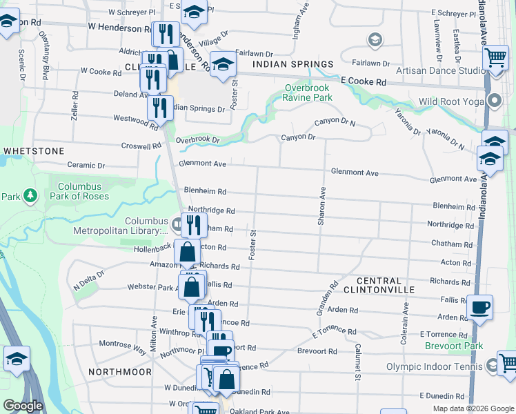 map of restaurants, bars, coffee shops, grocery stores, and more near 147 Northridge Road in Columbus