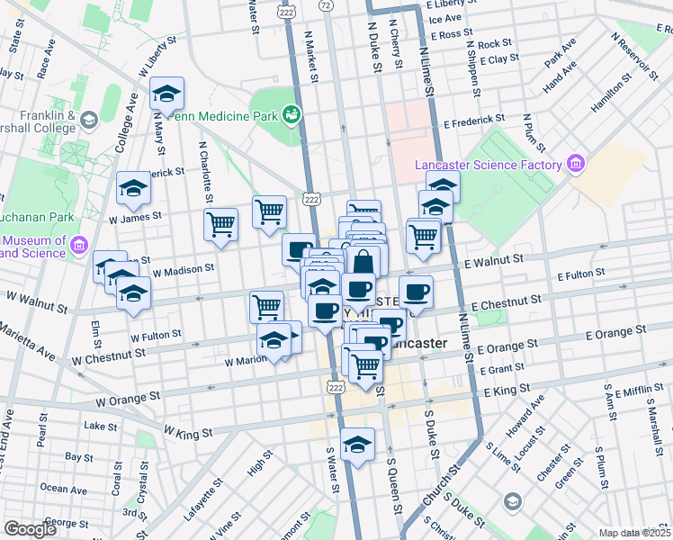 map of restaurants, bars, coffee shops, grocery stores, and more near 315 North Prince Street in Lancaster