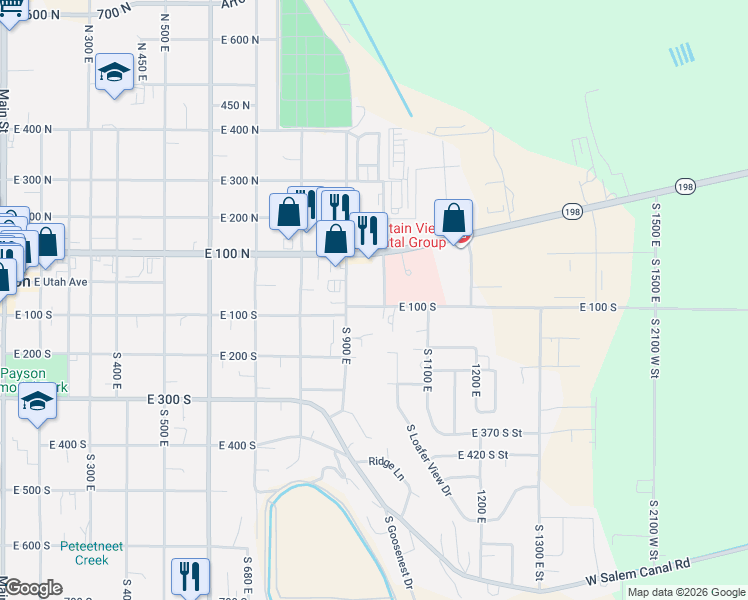map of restaurants, bars, coffee shops, grocery stores, and more near 981 East 100 North in Payson