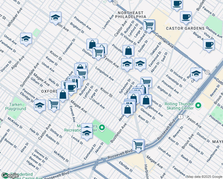 map of restaurants, bars, coffee shops, grocery stores, and more near 6821 Souder Street in Philadelphia