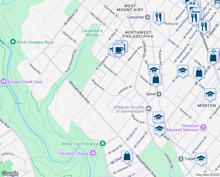map of restaurants, bars, coffee shops, grocery stores, and more near 6657 Wayne Avenue in Philadelphia
