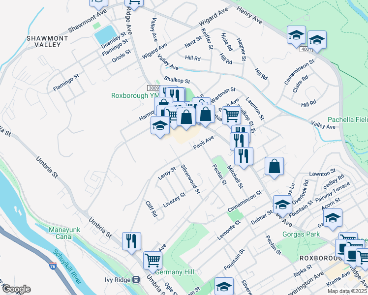 map of restaurants, bars, coffee shops, grocery stores, and more near 418 Paoli Avenue in Philadelphia