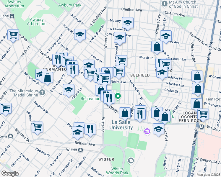 map of restaurants, bars, coffee shops, grocery stores, and more near 2151 Conlyn Street in Philadelphia